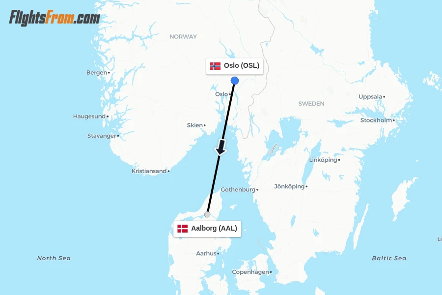 Flights from Oslo to Aalborg route map