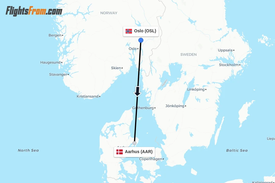 Flights from Oslo to Aarhus route map