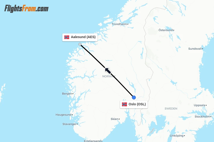 Flights from Oslo to Aalesund route map