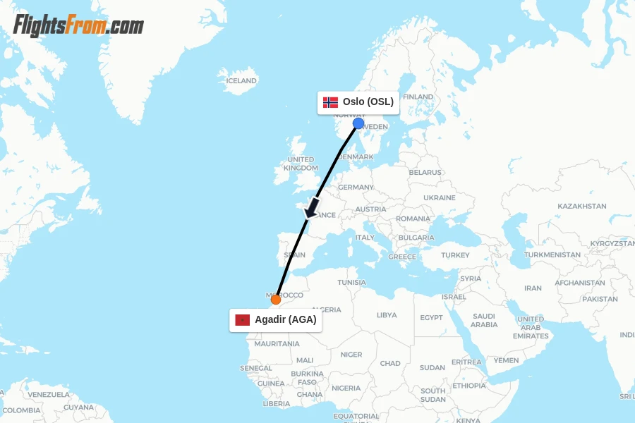 Flights from Oslo to Agadir route map