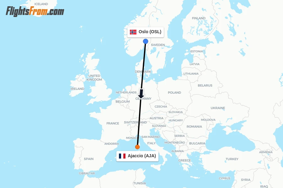 Flights from Oslo to Ajaccio route map