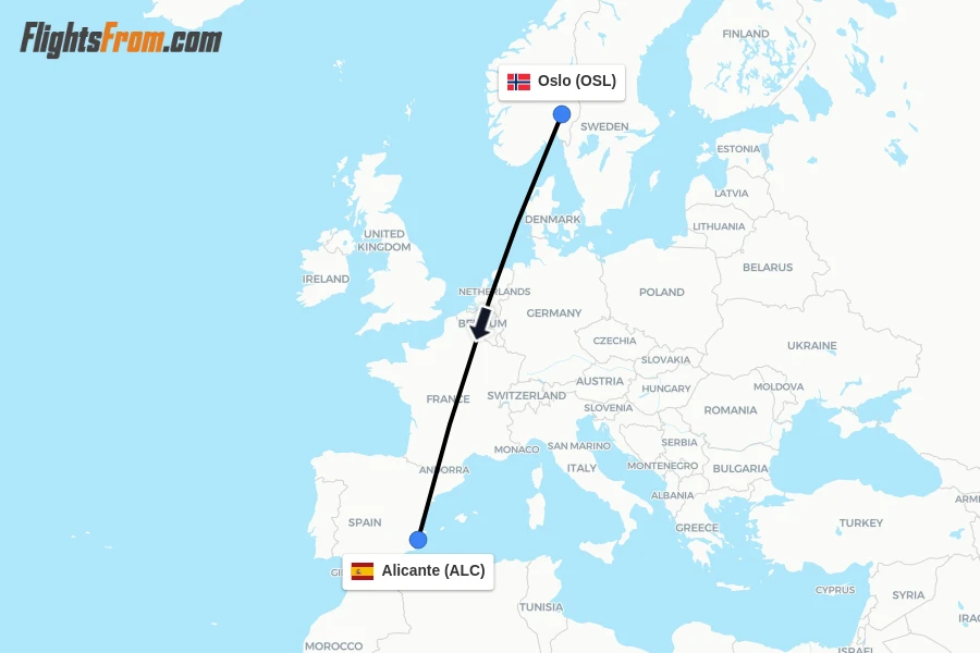 Flights from Oslo to Alicante route map