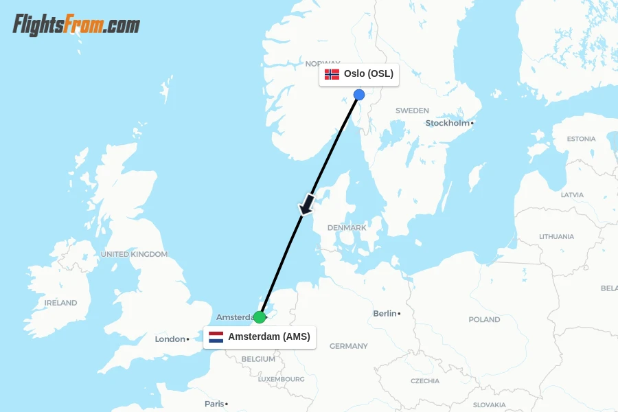 Flights from Oslo to Amsterdam route map