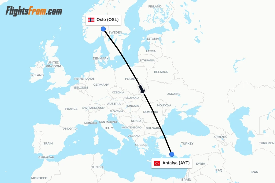 Flights from Oslo to Antalya route map