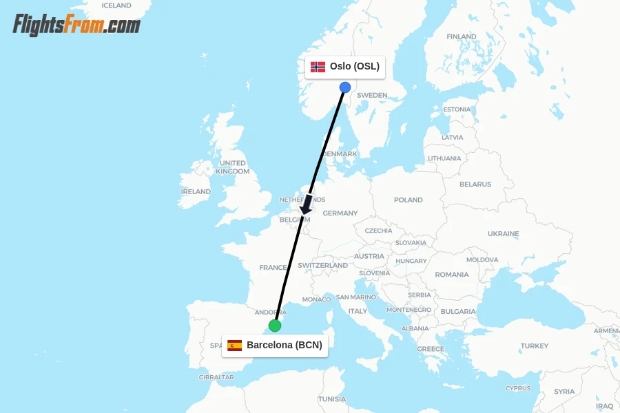 Flights from Oslo to Barcelona route map