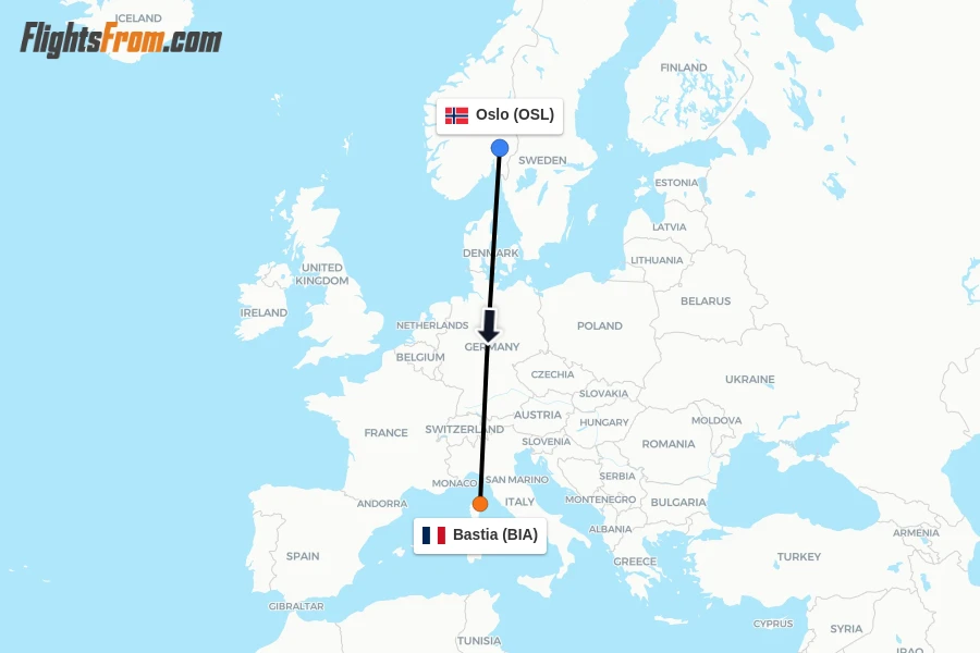Flights from Oslo to Bastia route map