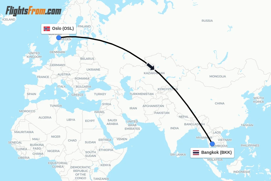 Flights from Oslo to Bangkok route map