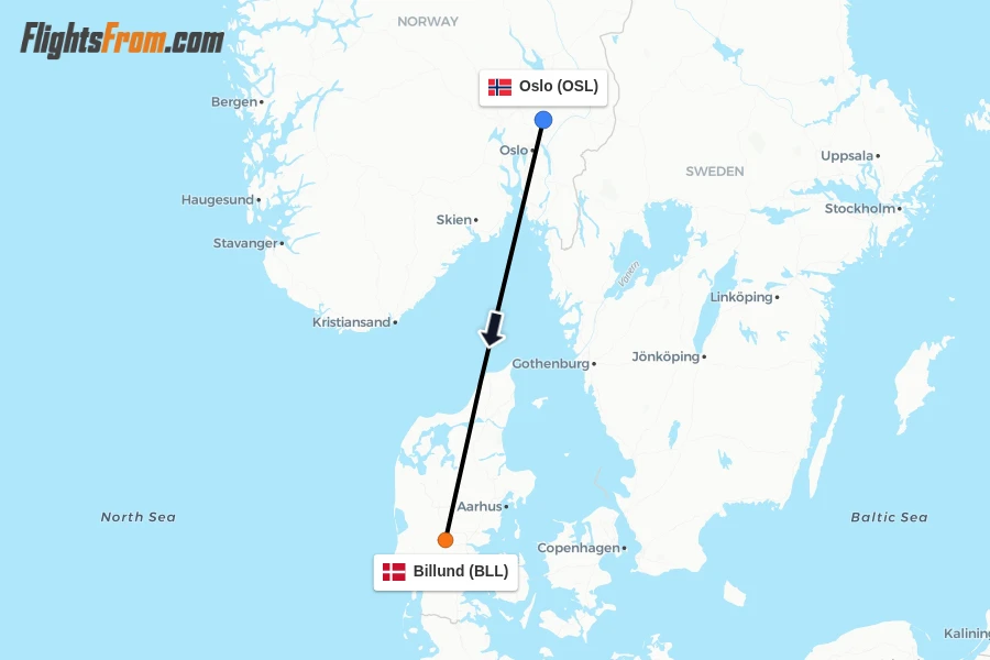 Flights from Oslo to Billund route map