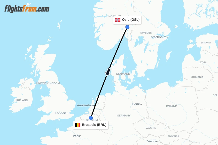 Flights from Oslo to Brussels route map