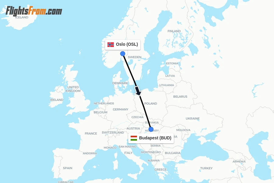 Flights from Oslo to Budapest route map