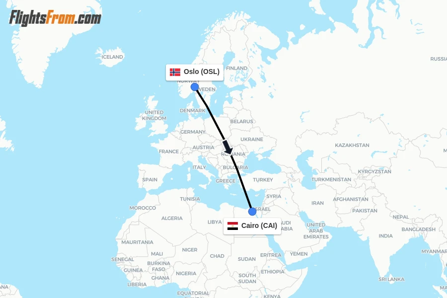 Flights from Oslo to Cairo route map