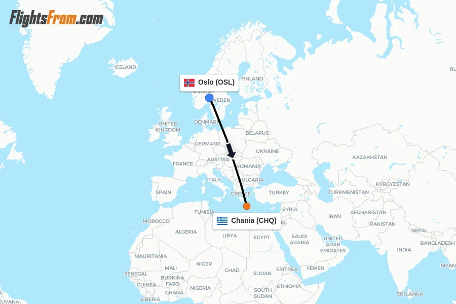 Flights from Oslo to Chania route map