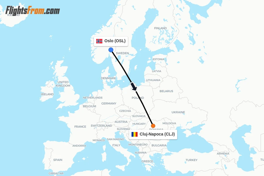 Flights from Oslo to Cluj-Napoca route map