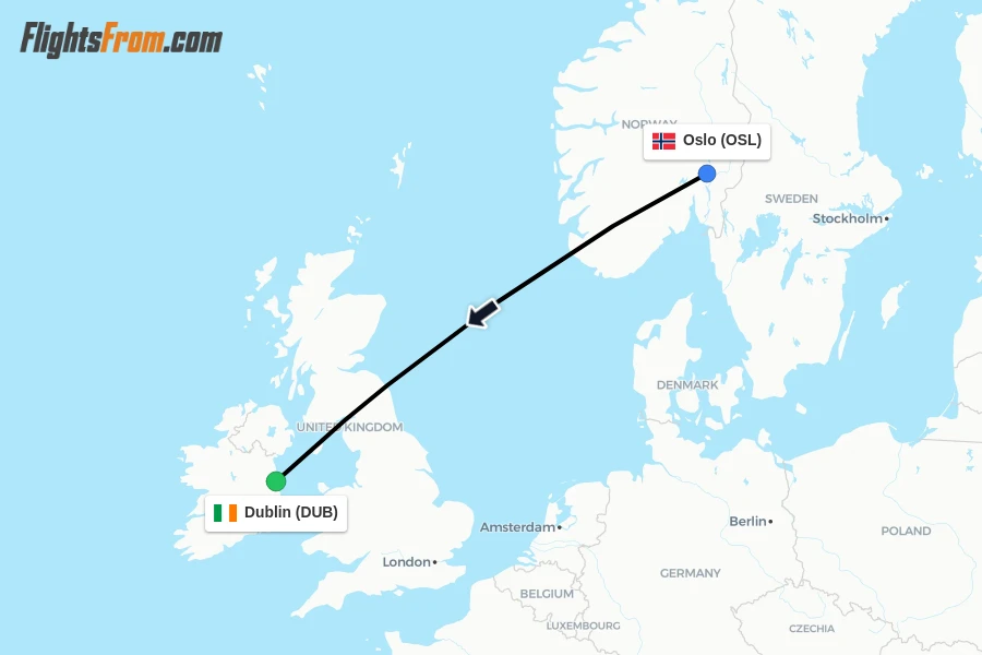Flights from Oslo to Dublin route map