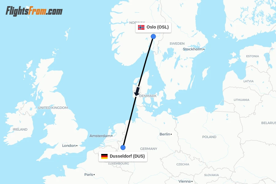 Flights from Oslo to Dusseldorf route map