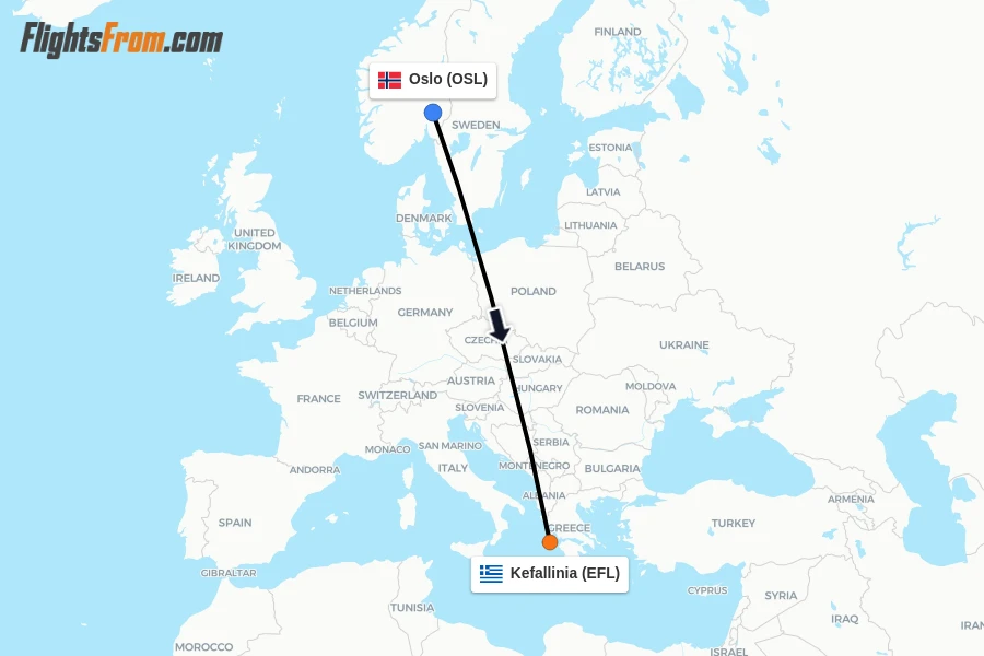 Flights from Oslo to Kefallinia route map