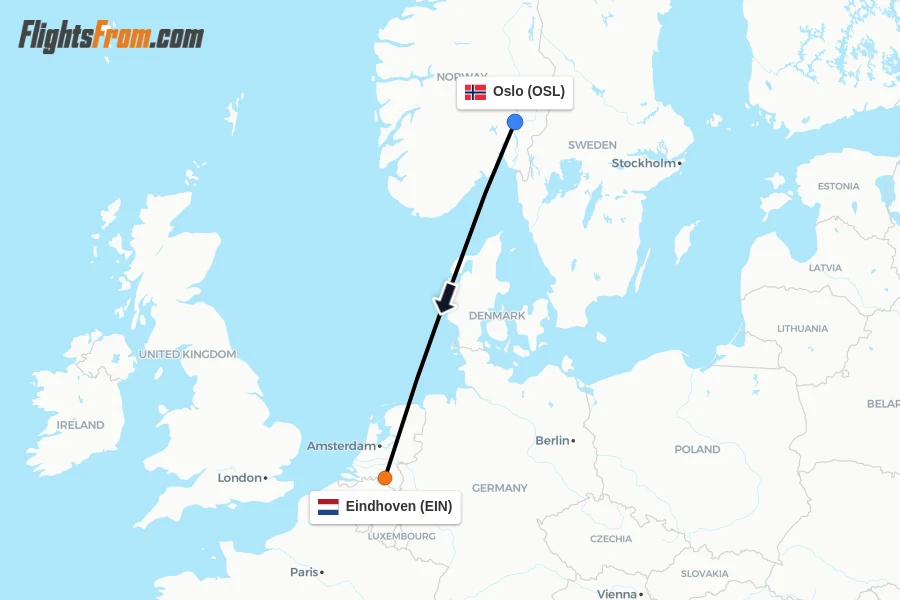 Flights from Oslo to Eindhoven route map