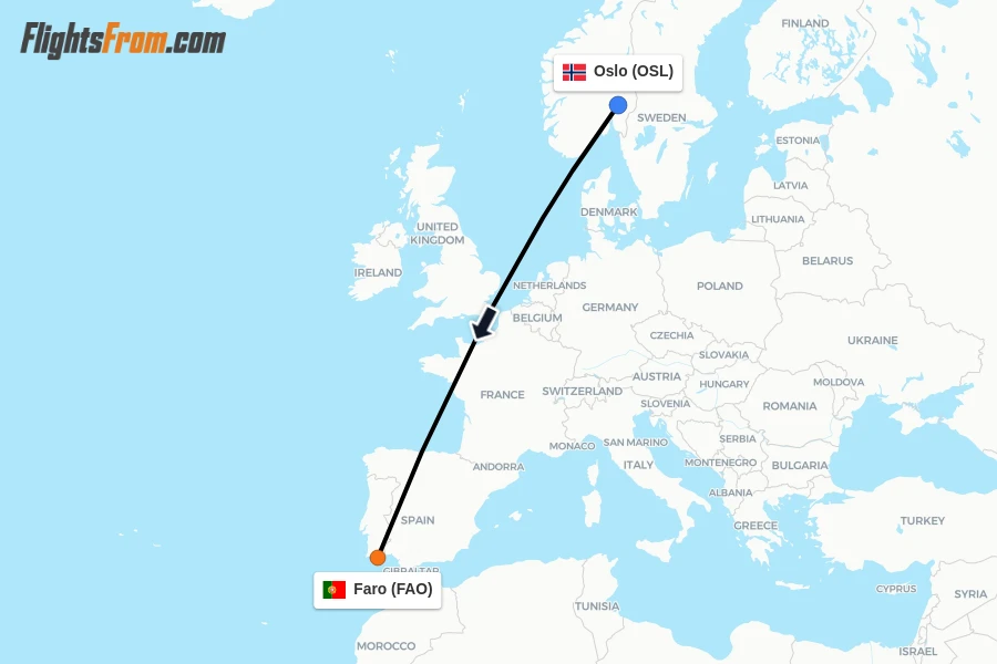 Flights from Oslo to Faro route map