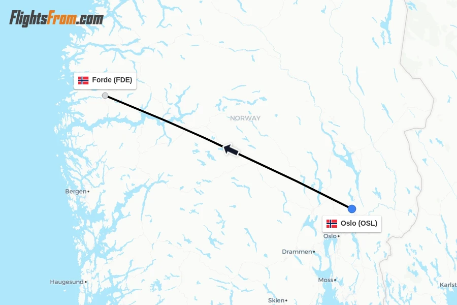 Flights from Oslo to Forde route map