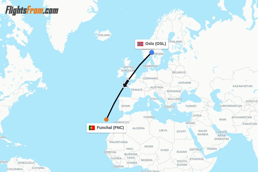 Flights from Oslo to Funchal route map