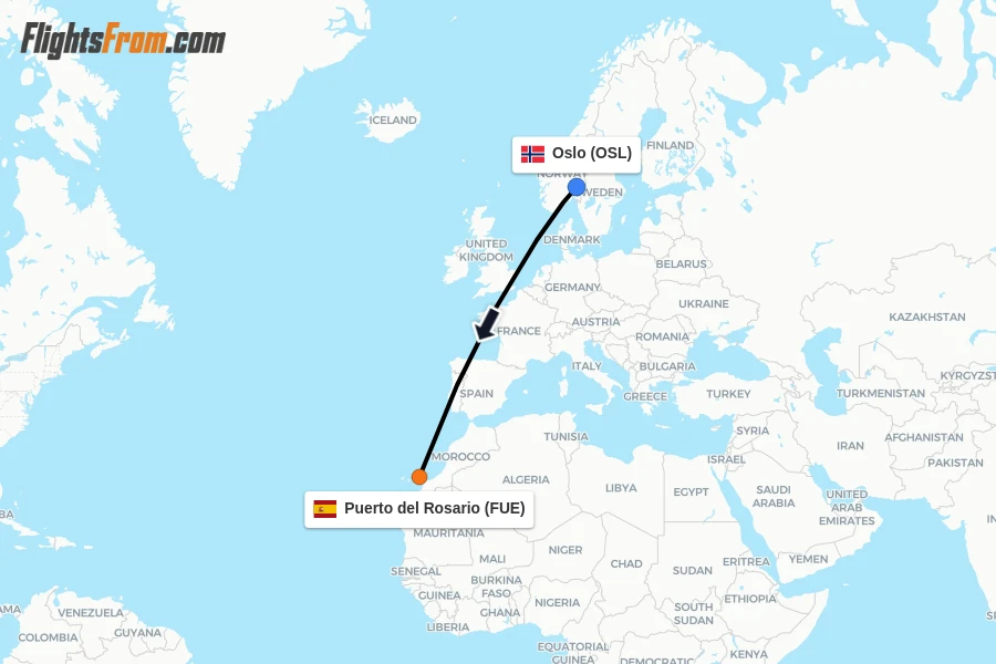 Flights from Oslo to Puerto del Rosario route map