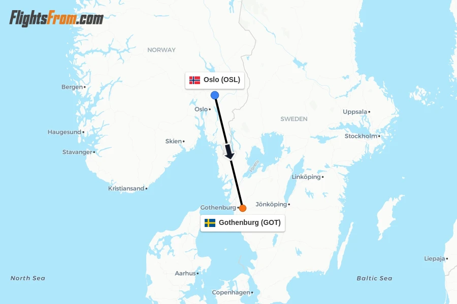 Flights from Oslo to Gothenburg route map
