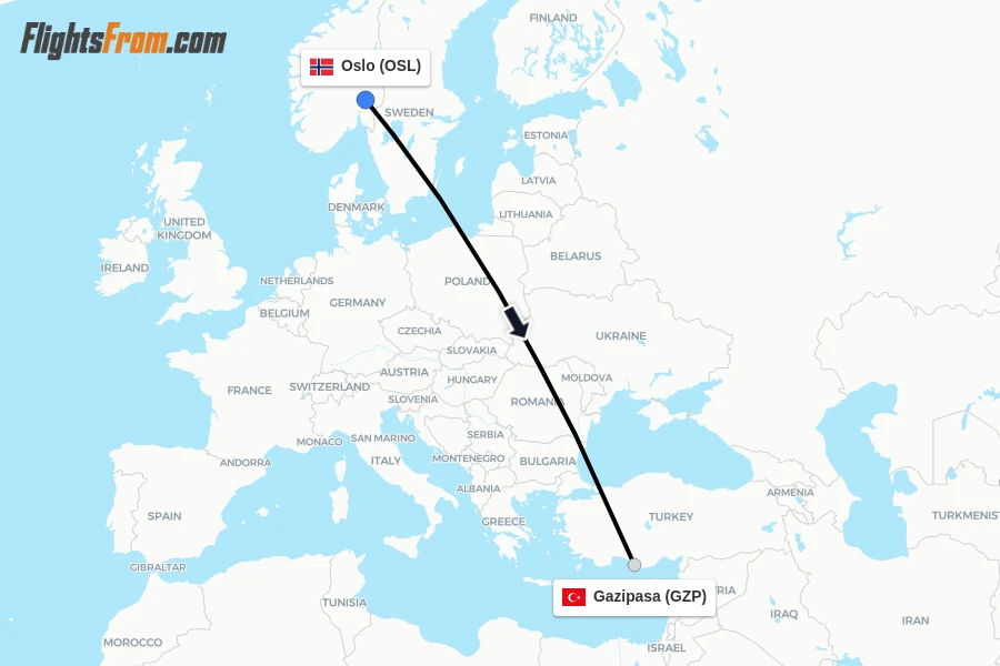 Flights from Oslo to Gazipasa route map