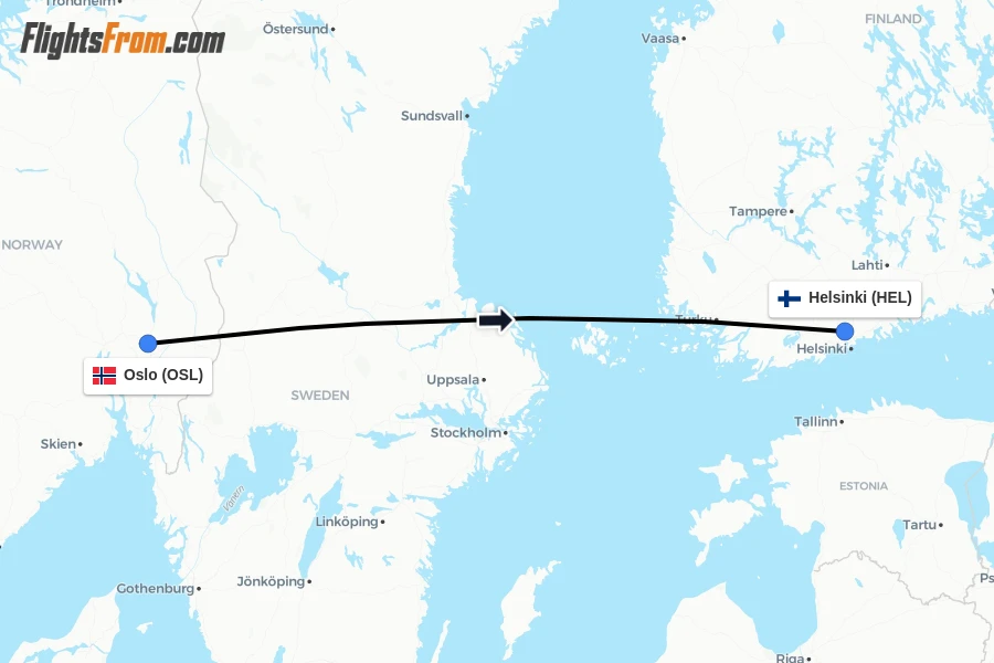 Flights from Oslo to Helsinki route map