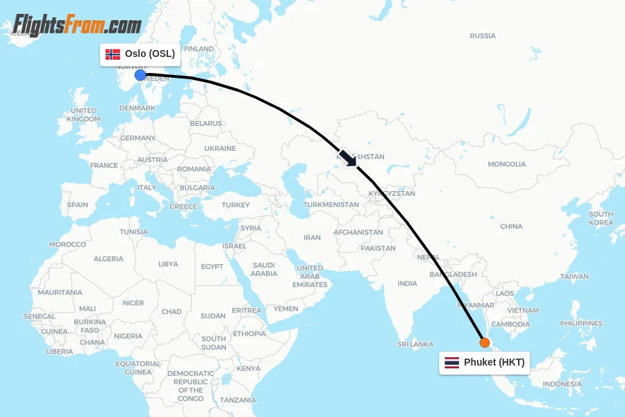 Flights from Oslo to Phuket route map