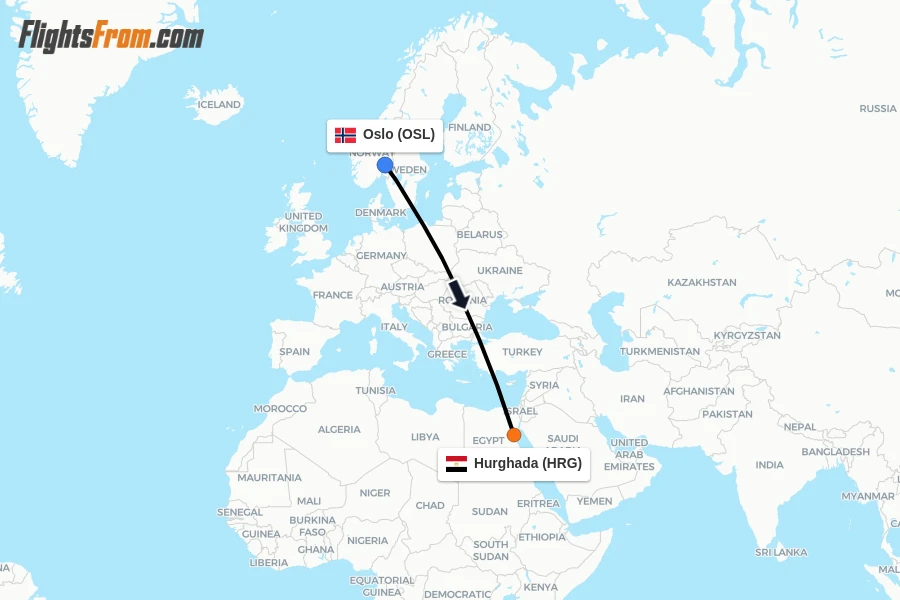 Flights from Oslo to Hurghada route map