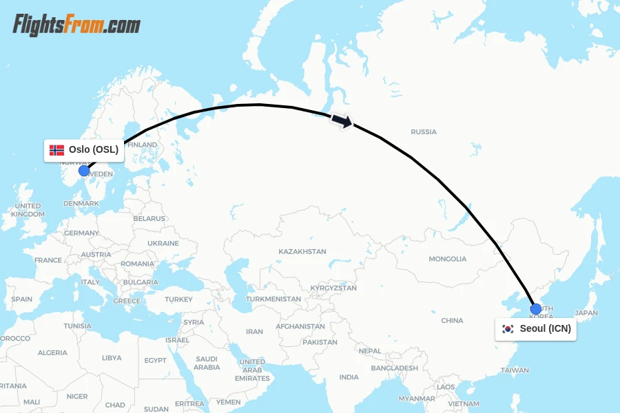 Flights from Oslo to Seoul route map