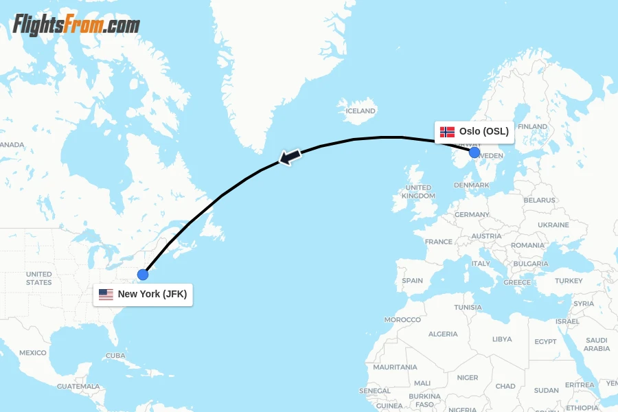 Flights from Oslo to New York route map