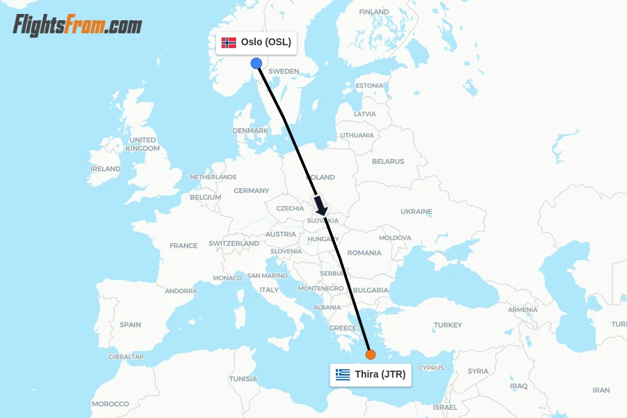 Flights from Oslo to Thira route map