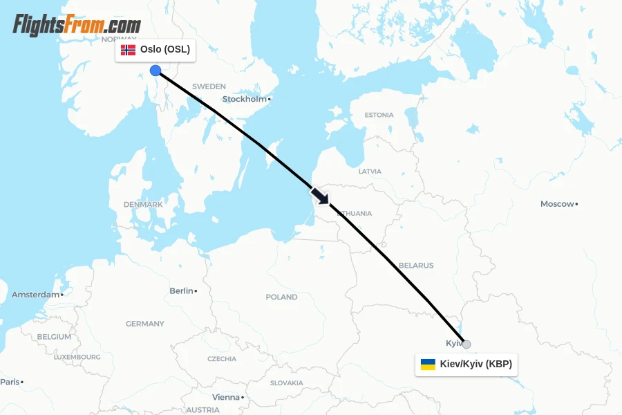 Flights from Oslo to Kiev/Kyiv route map