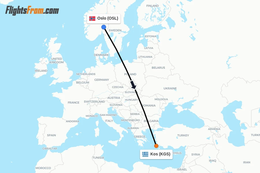 Flights from Oslo to Kos route map