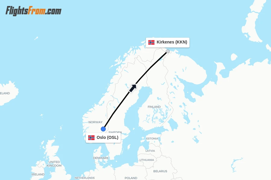 Flights from Oslo to Kirkenes route map