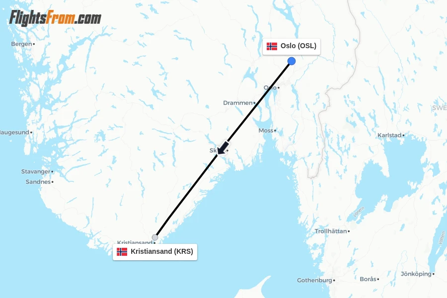 Flights from Oslo to Kristiansand route map