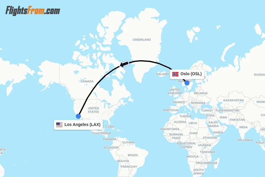 Flights from Oslo to Los Angeles route map