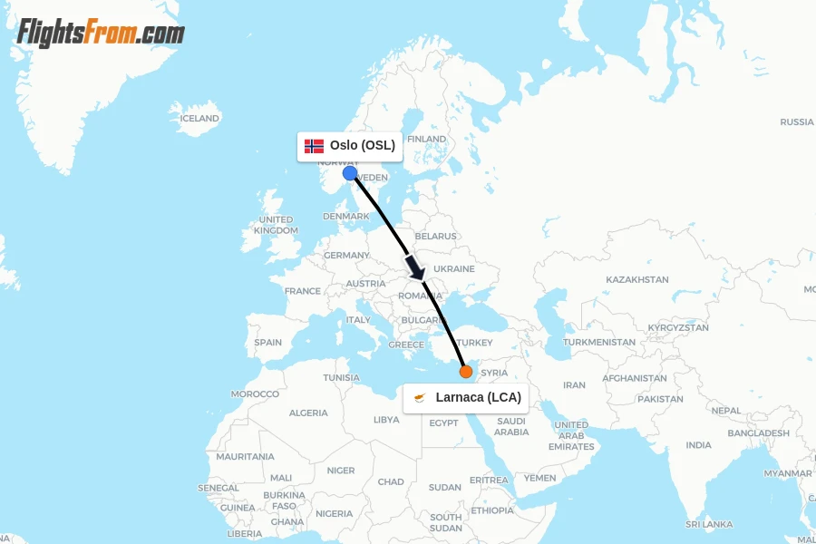 Flights from Oslo to Larnaca route map