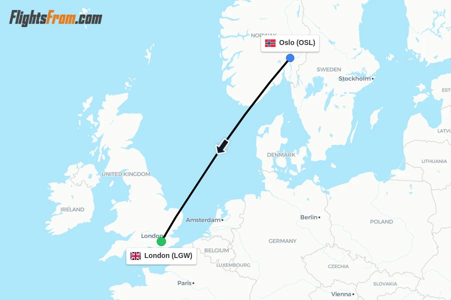Flights from Oslo to London route map