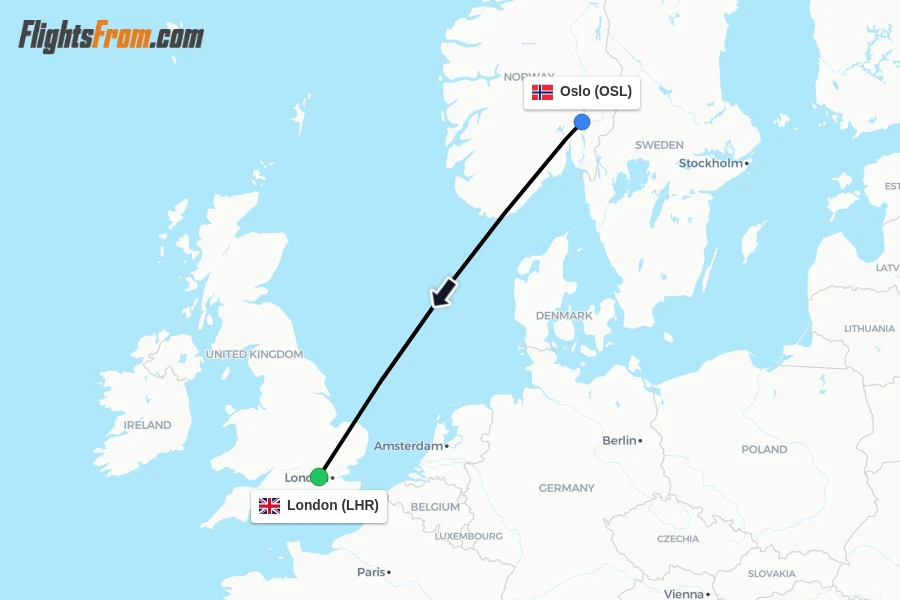 Flights from Oslo to London route map