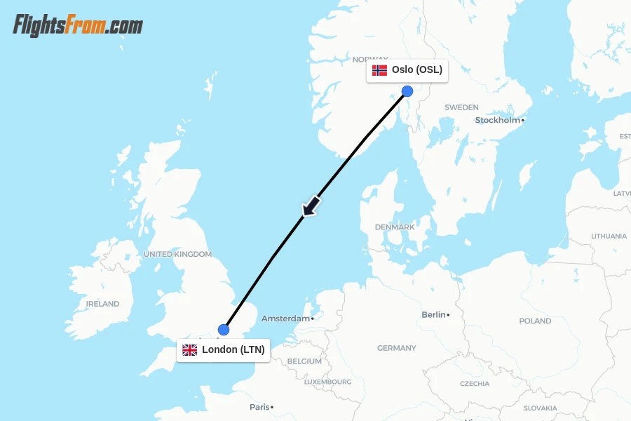 Flights from Oslo to London route map