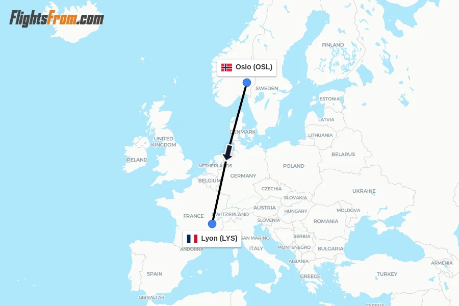 Flights from Oslo to Lyon route map