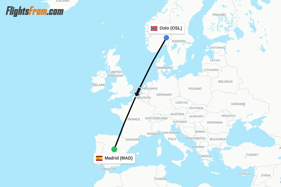 Flights from Oslo to Madrid route map