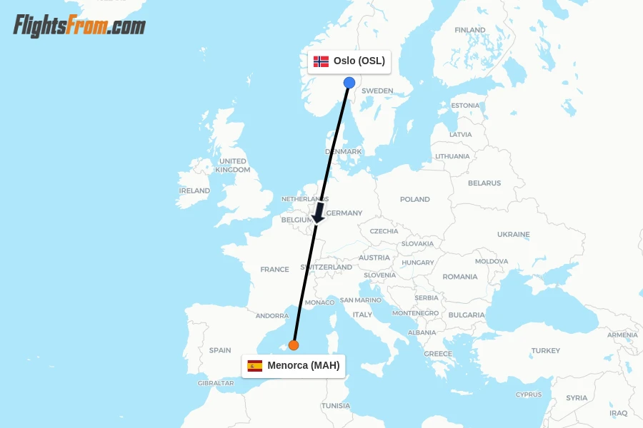 Flights from Oslo to Menorca route map