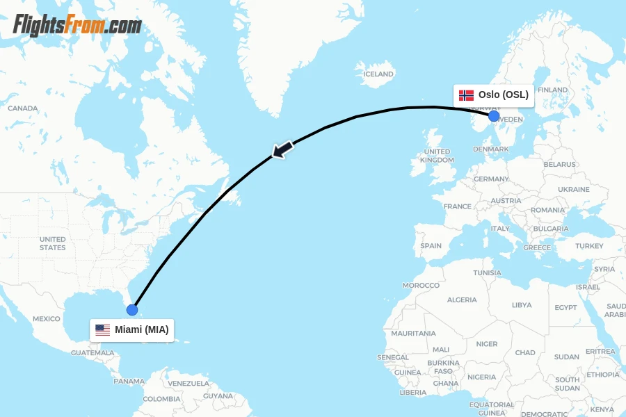 Flights from Oslo to Miami route map