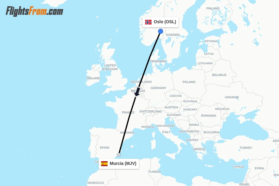 Flights from Oslo to Murcia route map