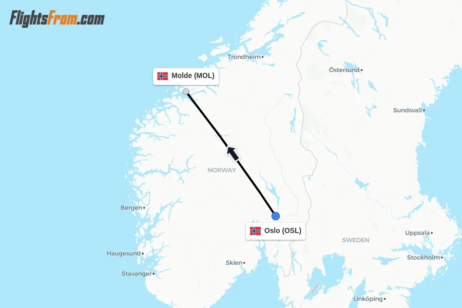 Flights from Oslo to Molde route map