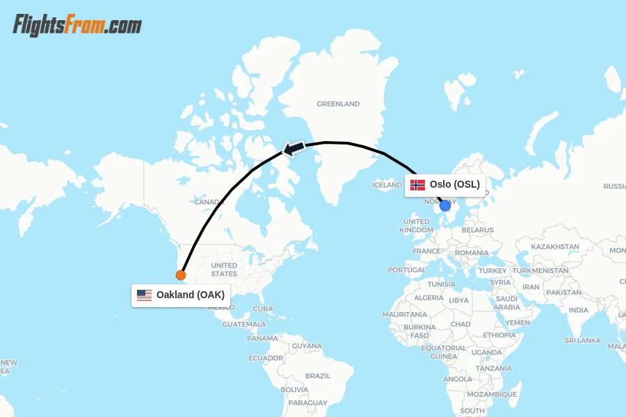 Flights from Oslo to Oakland route map