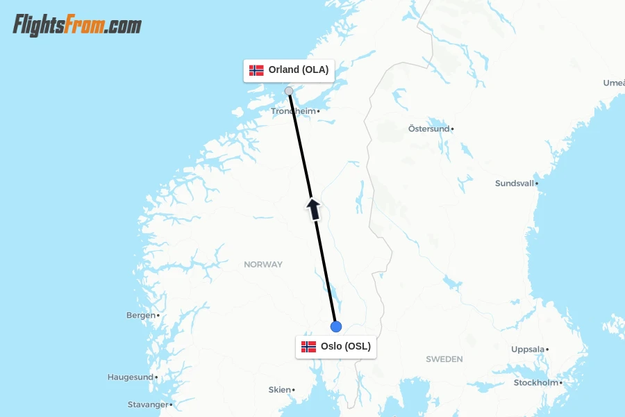 Flights from Oslo to Orland route map